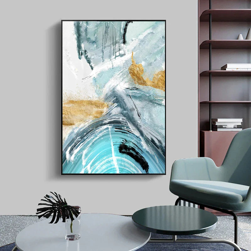 Blue Golden Nordic Marble Print Abstract Wall Art Fine Art Canvas Prints Pictures For Living Room Bedroom Home Office Decor | Bowlift