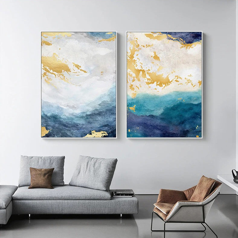 Blue Golden Ocean Spray Seascape Abstract Wall Art Fine Art Canvas Prints Marble Pictures For Living Room Dining Room Art For Contemporary Interiors | Bowlift