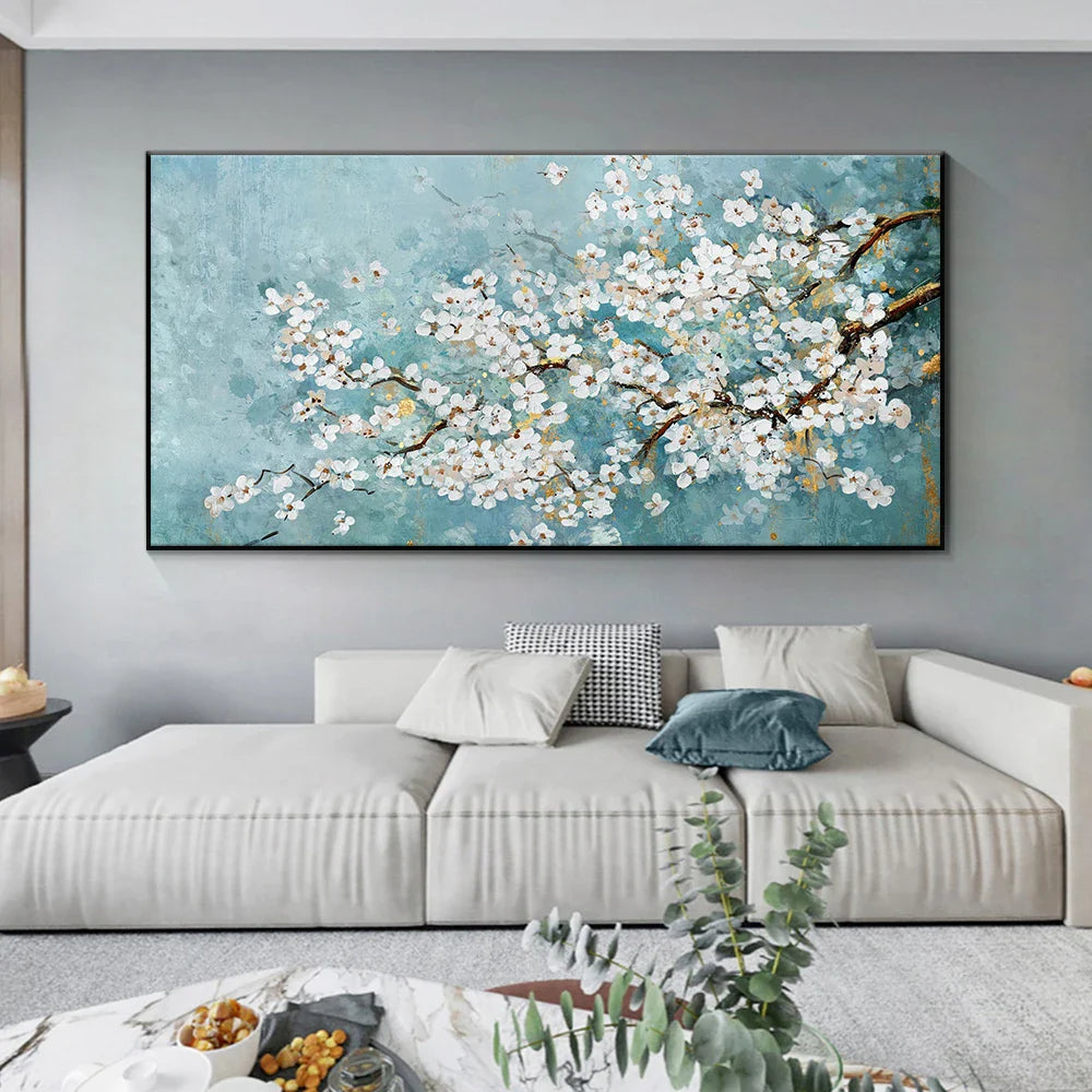 Blue Jade White Blossom Tree Wall Art Fine Art Canvas Prints Modern Botanical Floral Painting Picture For Living Room Bedroom Art Decor | Bowlift