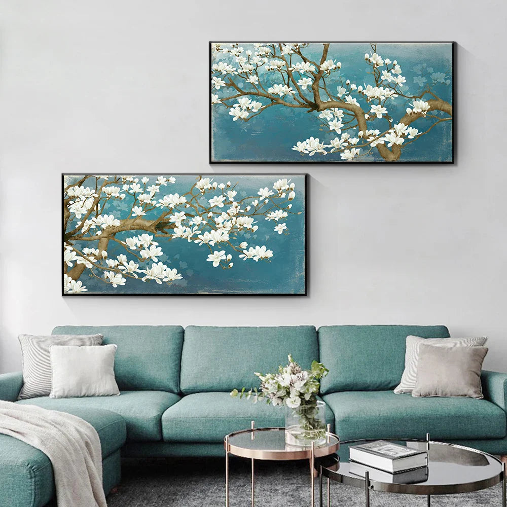 Blue Jade White Blossom Tree Wall Art Fine Art Canvas Prints Modern Botanical Floral Painting Picture For Living Room Bedroom Art Decor | Bowlift