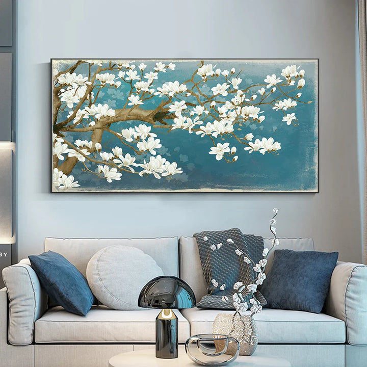 Blue Jade White Blossom Tree Wall Art Fine Art Canvas Prints Modern Botanical Floral Painting Picture For Living Room Bedroom Art Decor | Bowlift