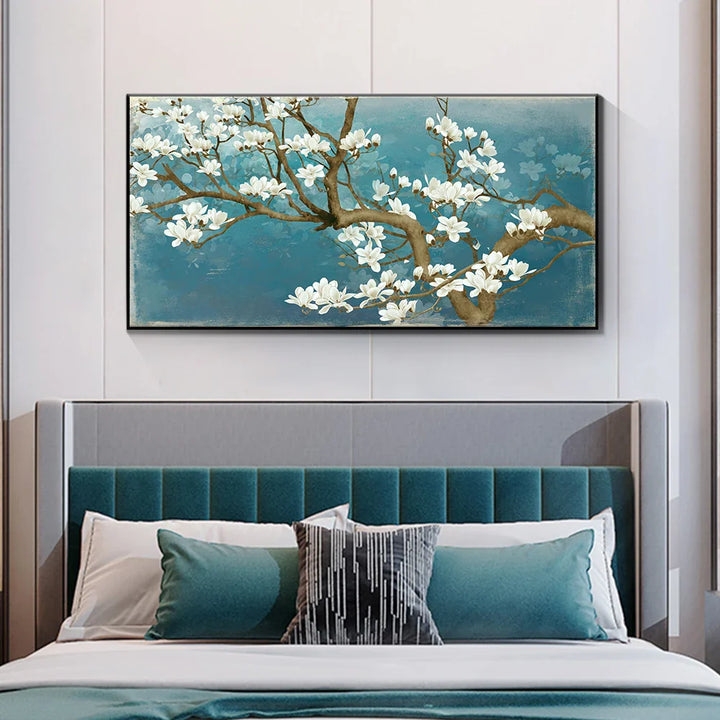 Blue Jade White Blossom Tree Wall Art Fine Art Canvas Prints Modern Botanical Floral Painting Picture For Living Room Bedroom Art Decor | Bowlift