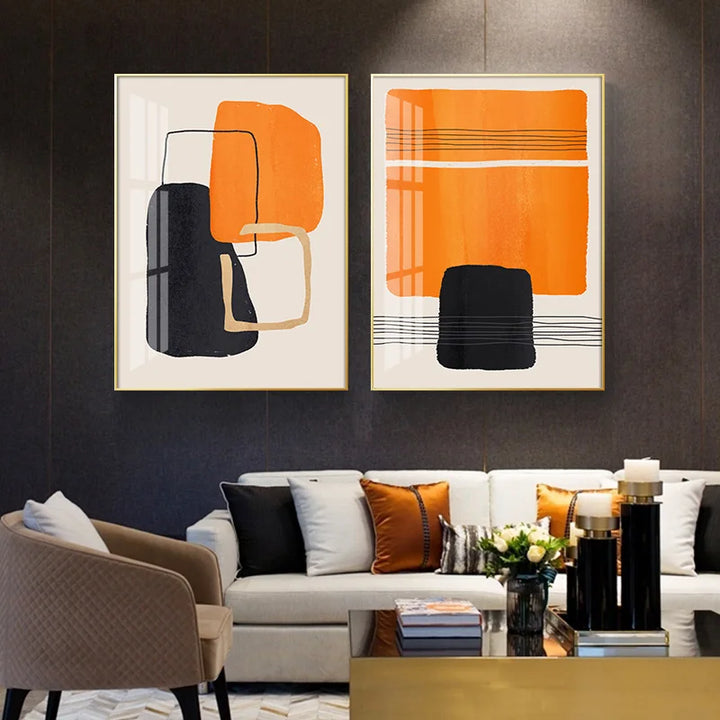 Bold Orange Beige Black Mosaic Abstract Wall Art Fine Art Canvas Prints Pictures For Modern Apartment Living Room Art For Contemporary Interiors | Bowlift