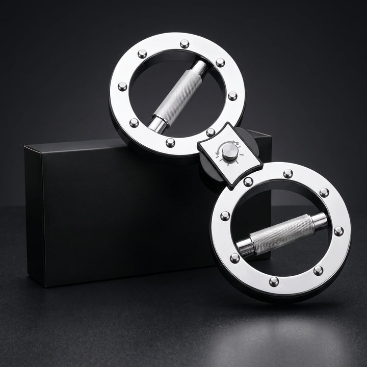 Chrome twin-ring forearm trainer leaning on a black box