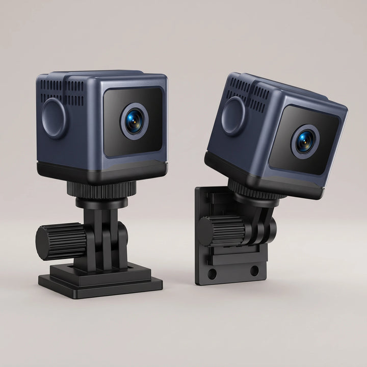 Mini cube security camera on a desk stand and on a wall bracket