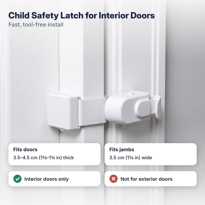 Child safety latch installed on an interior door with fit dimensions