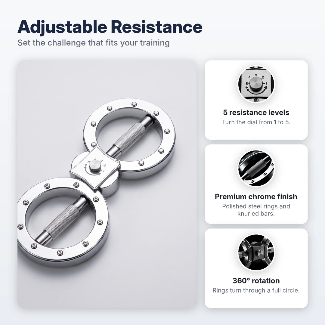 Twin-ring trainer with adjustable resistance dial, chrome finish and 360 degree rotation