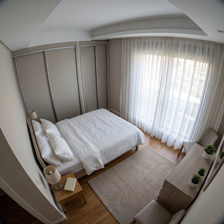 Wide-angle sample view of a bedroom