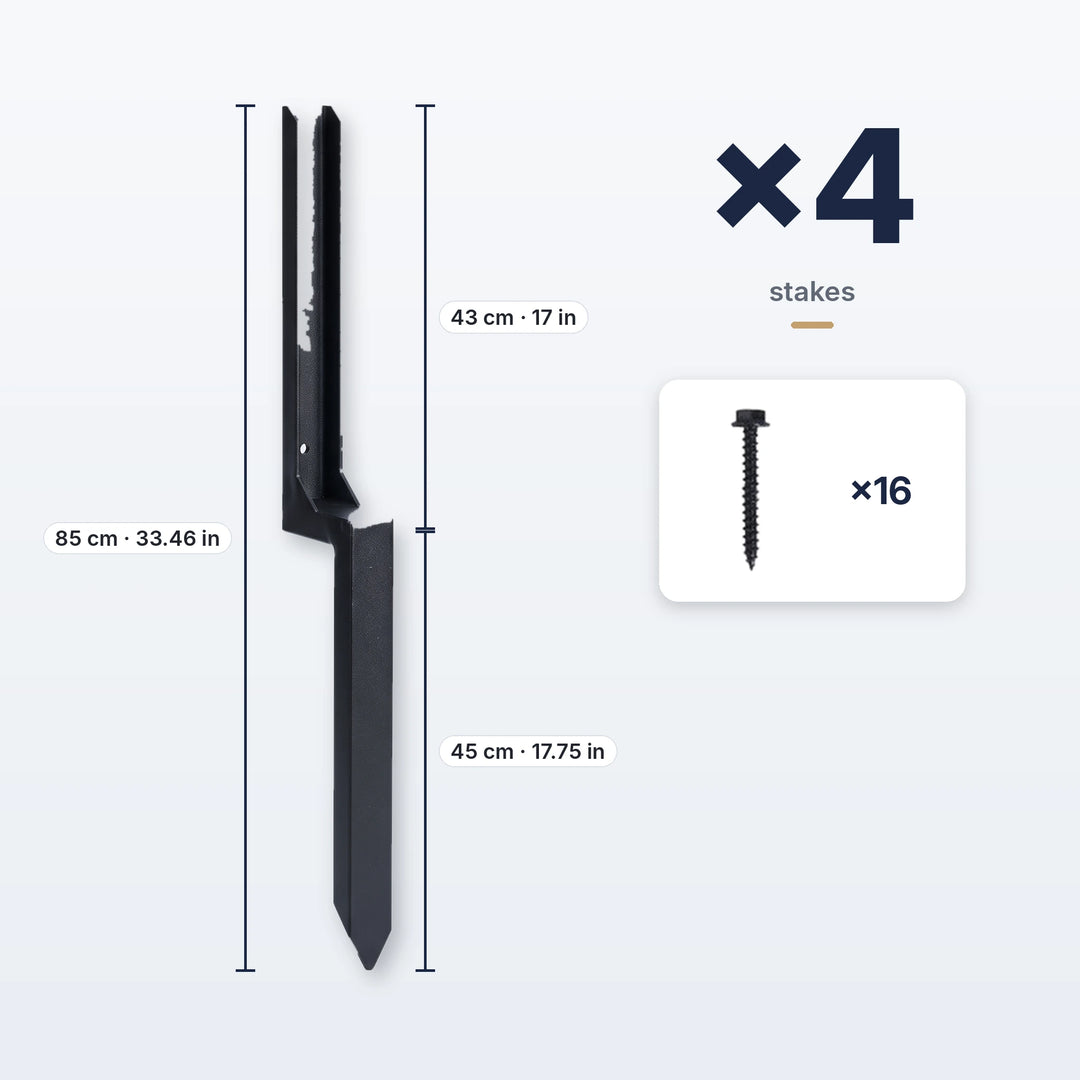 One-piece fence post repair stakes, set of 4 with 16 screws