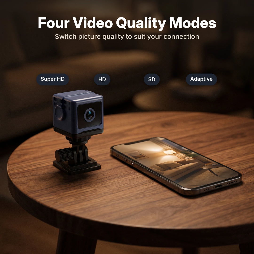 Camera with smartphone showing live video, four quality modes
