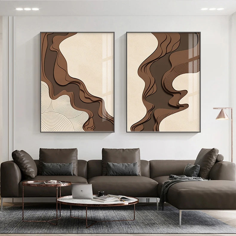 Brown Beige Abstract Flowing Contours Minimalist Wall Art Fine Art Canvas Prints Pictures For Modern Apartment Living Room Art For Contemporary Interiors | Bowlift