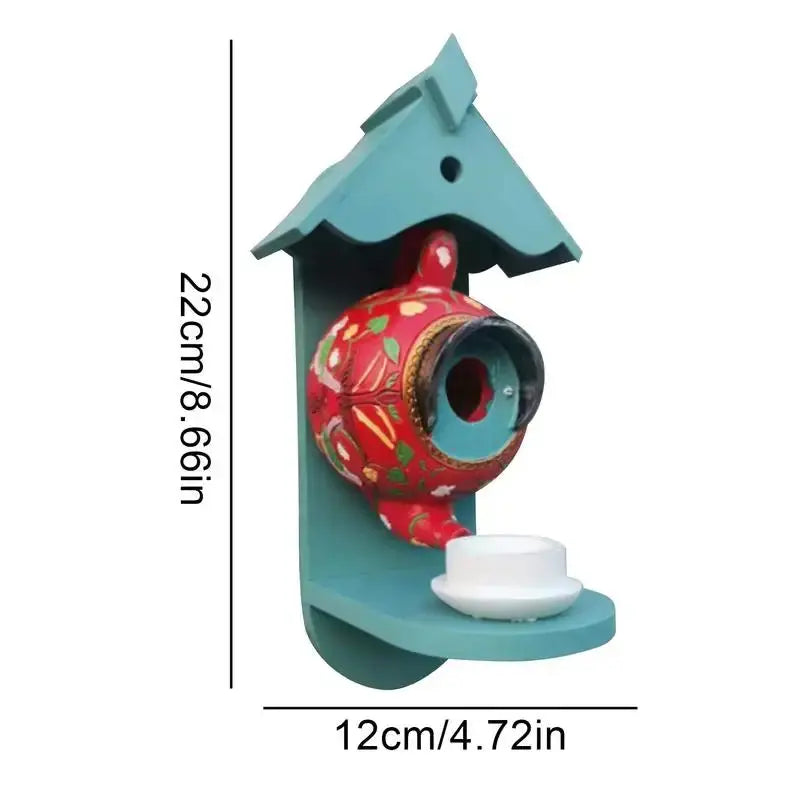 BowLift | Teapot Birdhouse | Hand-Painted Resin | Weather-Resistant Outdoor Garden Decoration