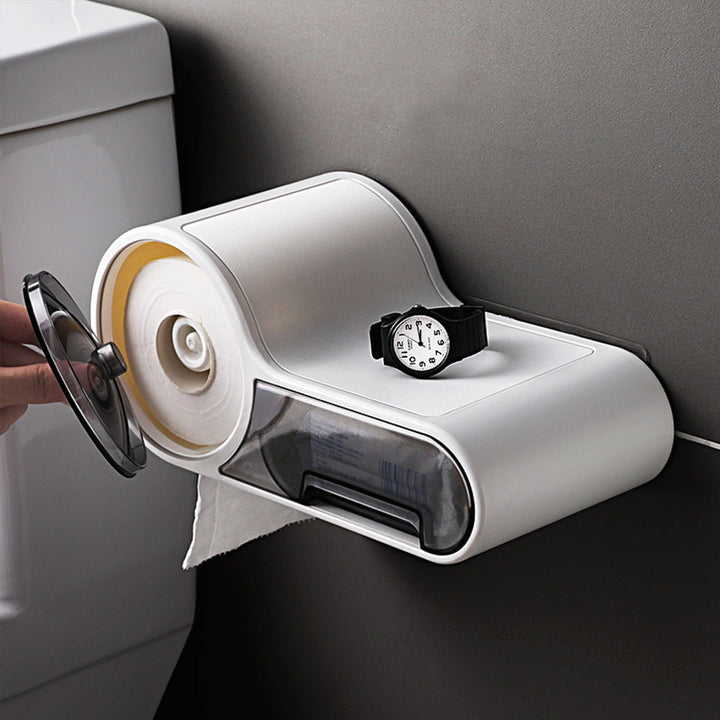 DroogHoud Self-Adhesive Toilet Paper Holder – Waterproof Wall Solution with Extra Storage Space | Bowlift