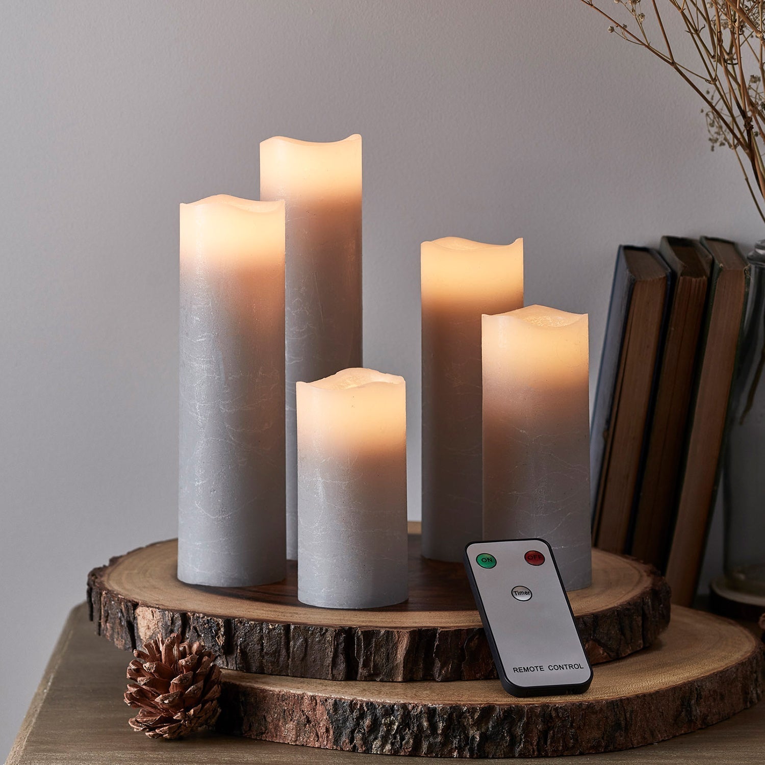 BowLift | 5-piece set pillar candles gray with remote control