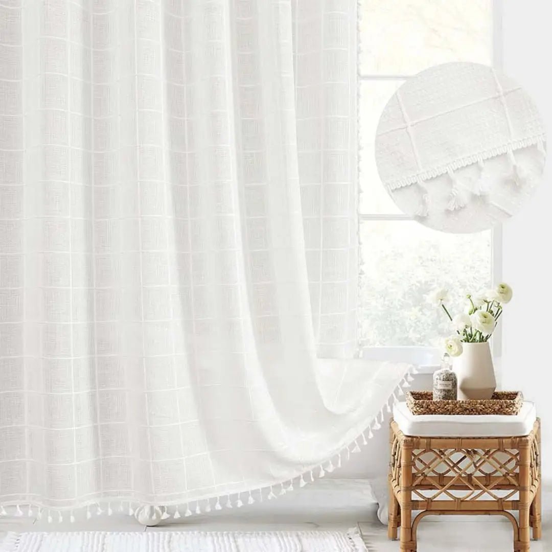 BowLift | Bohemian linen shower curtain with tassels & waterproof design