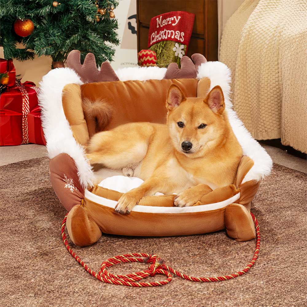 BowLift | Christmas Sleigh Dog Bed with Plush Crystal Velvet and Non-Slip Bottom
