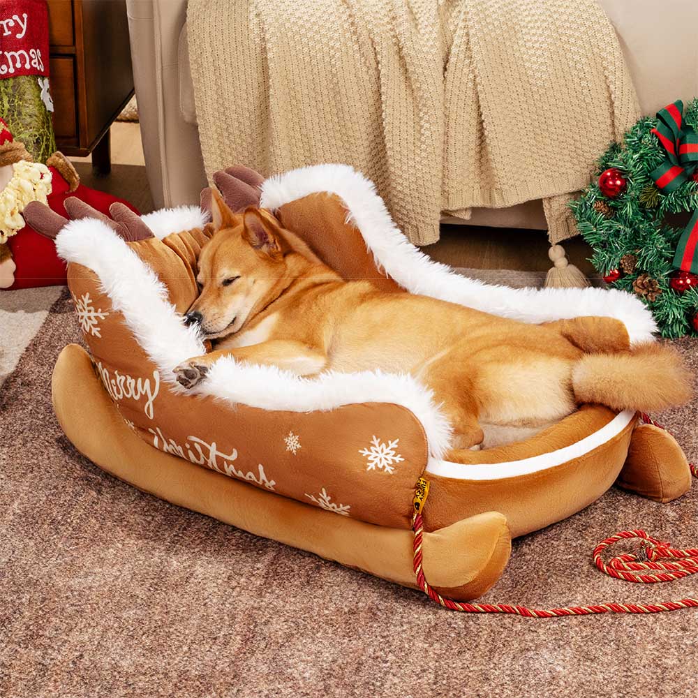 BowLift | Christmas Sleigh Dog Bed with Plush Crystal Velvet and Non-Slip Bottom