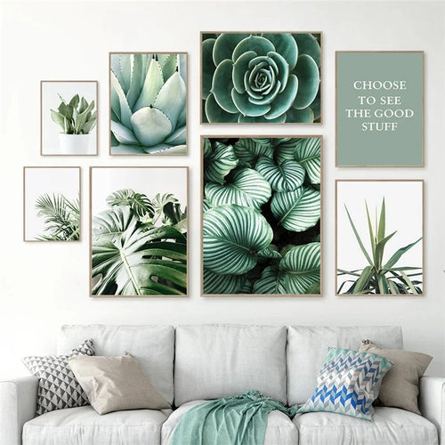 Cactus Eucalyptus Tropical Green Botany Wall Art Fine Art Canvas Prints Pictures For Living Room Kitchen Dining Room Home Decor | Bowlift