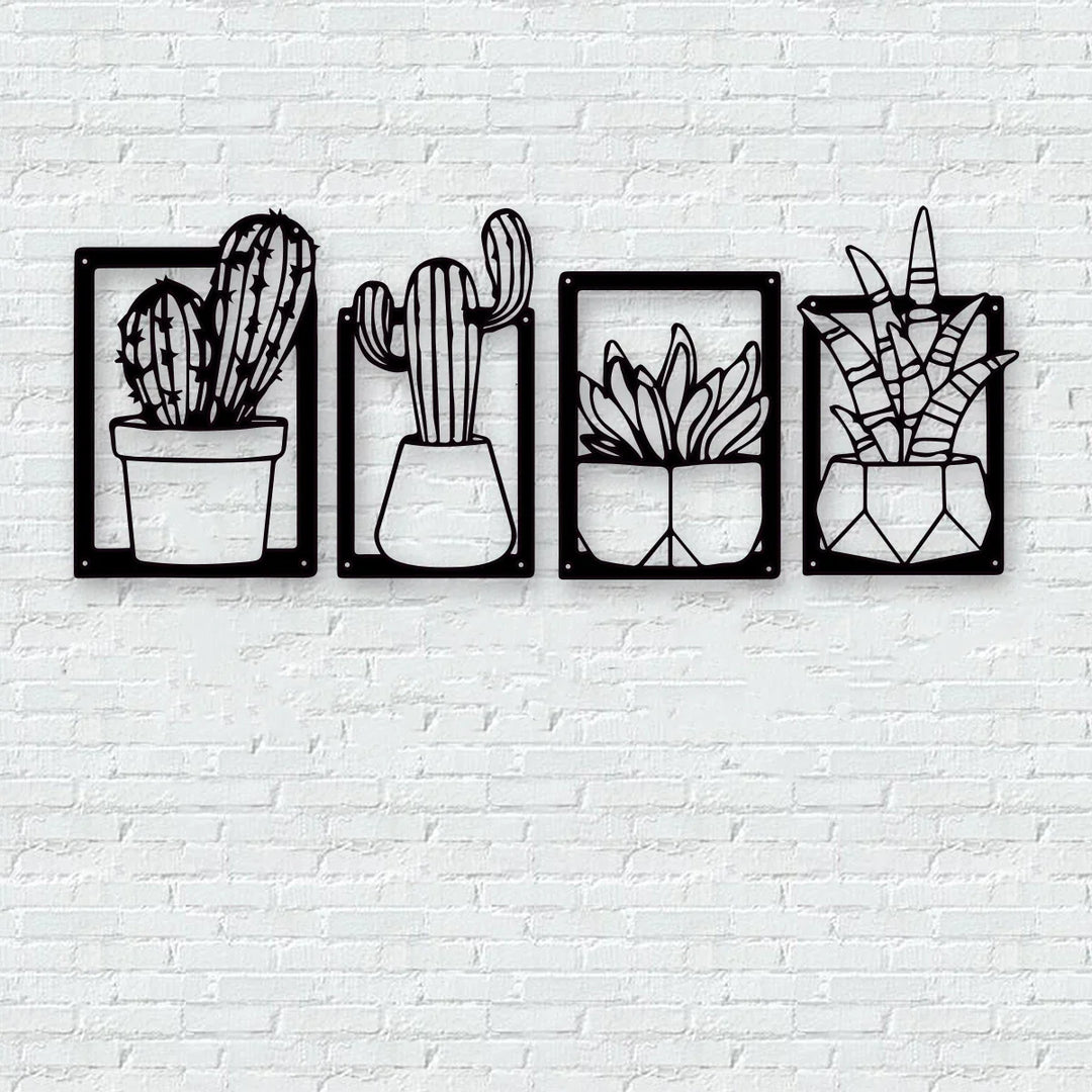 Cactus Potted Plant Black Metal Plaque Wall Art 3D Sculptured Iron Craft Nordic Wall Decor For Living Room Dining Room Creative Home Decor | Bowlift
