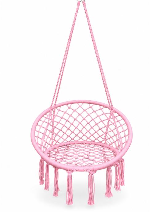 Macrame hanging chair with complete ceiling mounting kit and decorative tassel fringe Bowlift