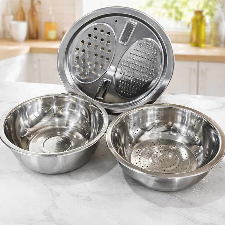3-in-1 Mixing Bowl Set Stainless Steel with Grater and Sieve | Bowlift