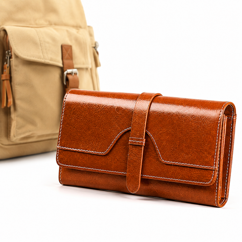 Premium leather long wallet clutch with strap closure and multiple card slots Bowlift