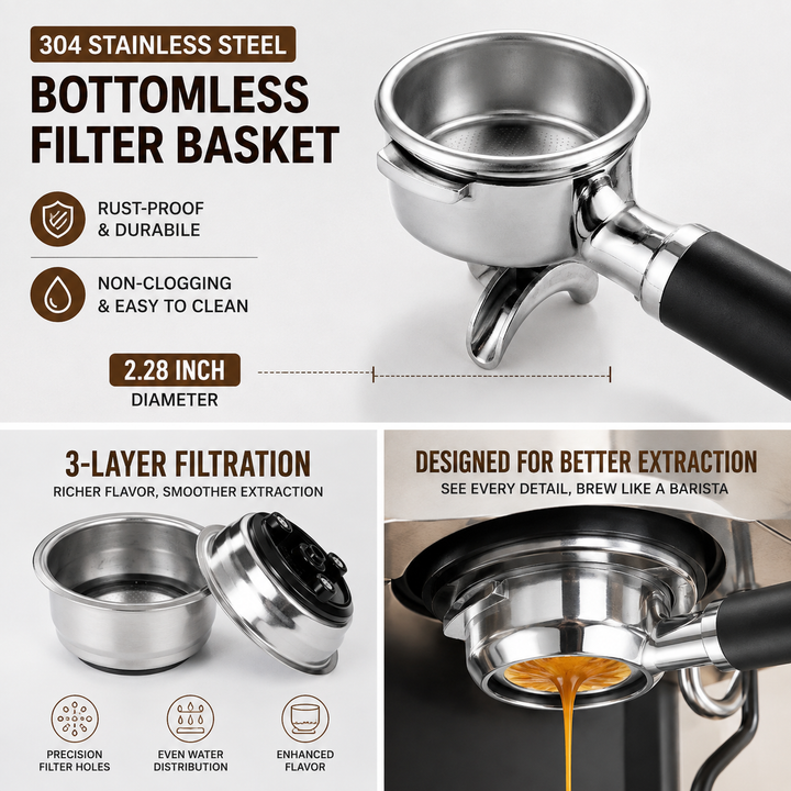 High-grade stainless double-shot bottomless portafilter basket insert Bowlift