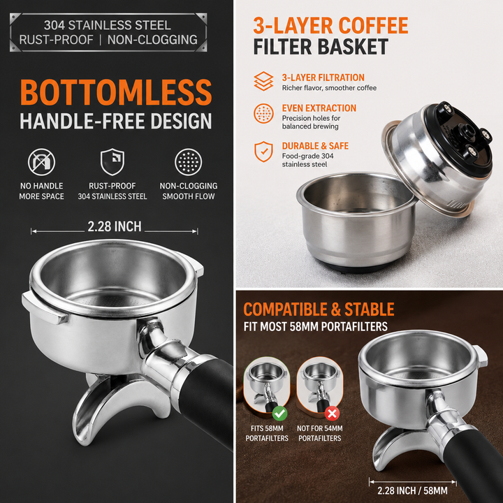 High-grade stainless double-shot bottomless portafilter basket insert Bowlift
