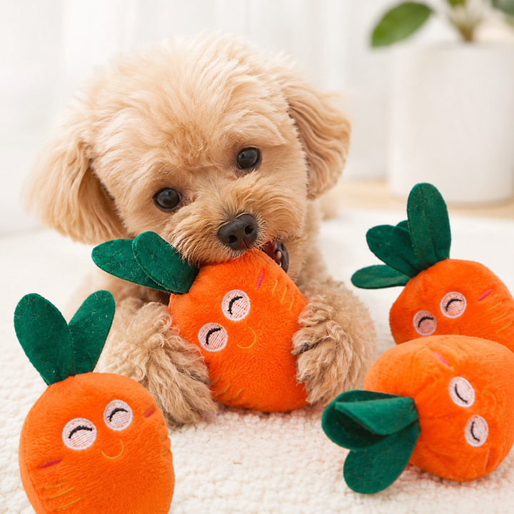 Plush carrot catnip toy for cats with embroidered smiling face and double leaf topper Bowlift