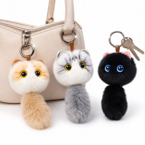 Plush Cat Pom Pom Keychain with Long Faux Fur Tail and Large Expressive Eyes Bowlift