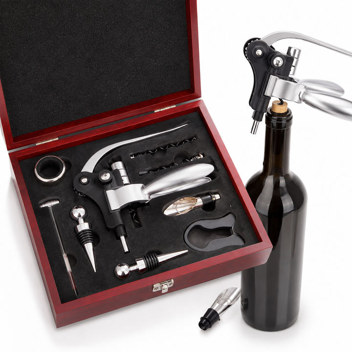 Premium wine accessory gift set with corkscrew foil cutter aerator stopper thermometer Bowlift
