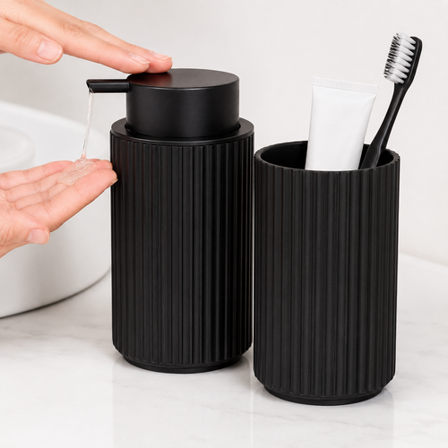 Ribbed matte silicone finish soap dispenser and toothbrush tumbler set Bowlift