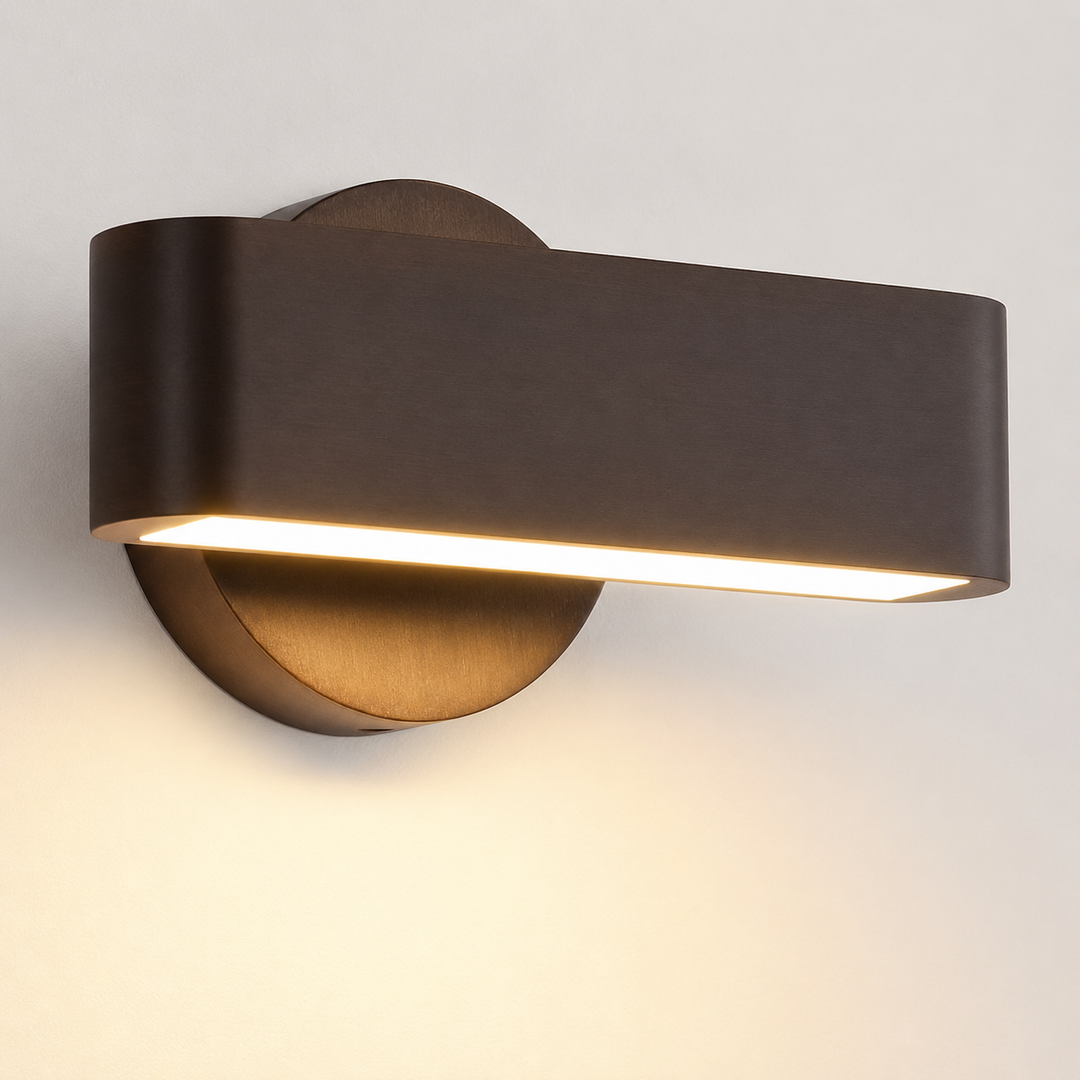 Compact bedside solid wood LED wall sconce with curved aluminum shade and frosted diffuser Bowlift