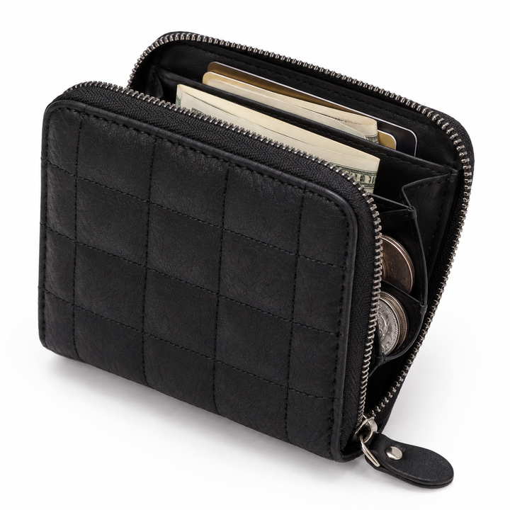 Quilted Textured Zip-Around Compact Wallet with Multiple Card Slots Bowlift