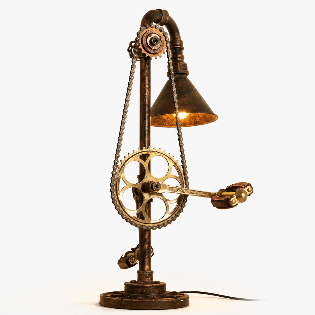 Industrial Steampunk Bicycle Gear Table Lamp with Upcycled Chain and Pedal Accent Bowlift
