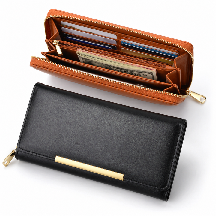Premium vegan leather long wallet clutch with gold bar accent and detachable chain Bowlift