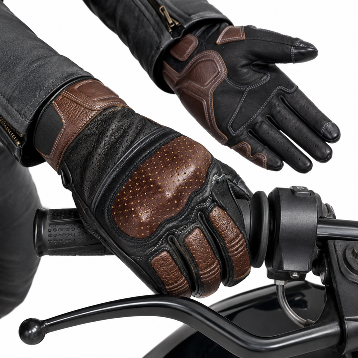 Perforated leather motorcycle gloves with reinforced knuckle armor and touchscreen fingertips Bowlift