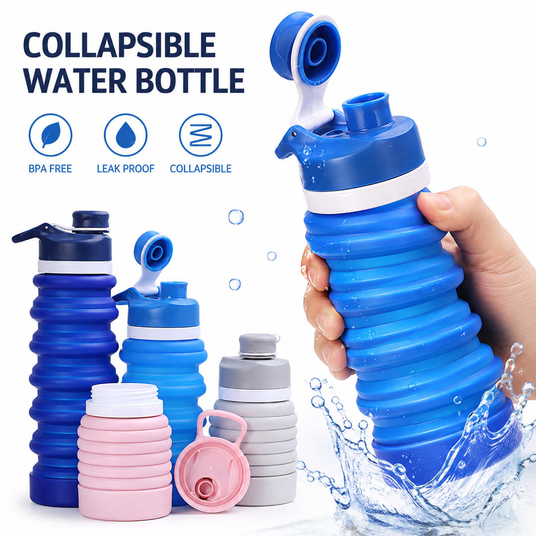 Collapsible silicone water bottle with ergonomic ribbed grip and flip-top spout Bowlift
