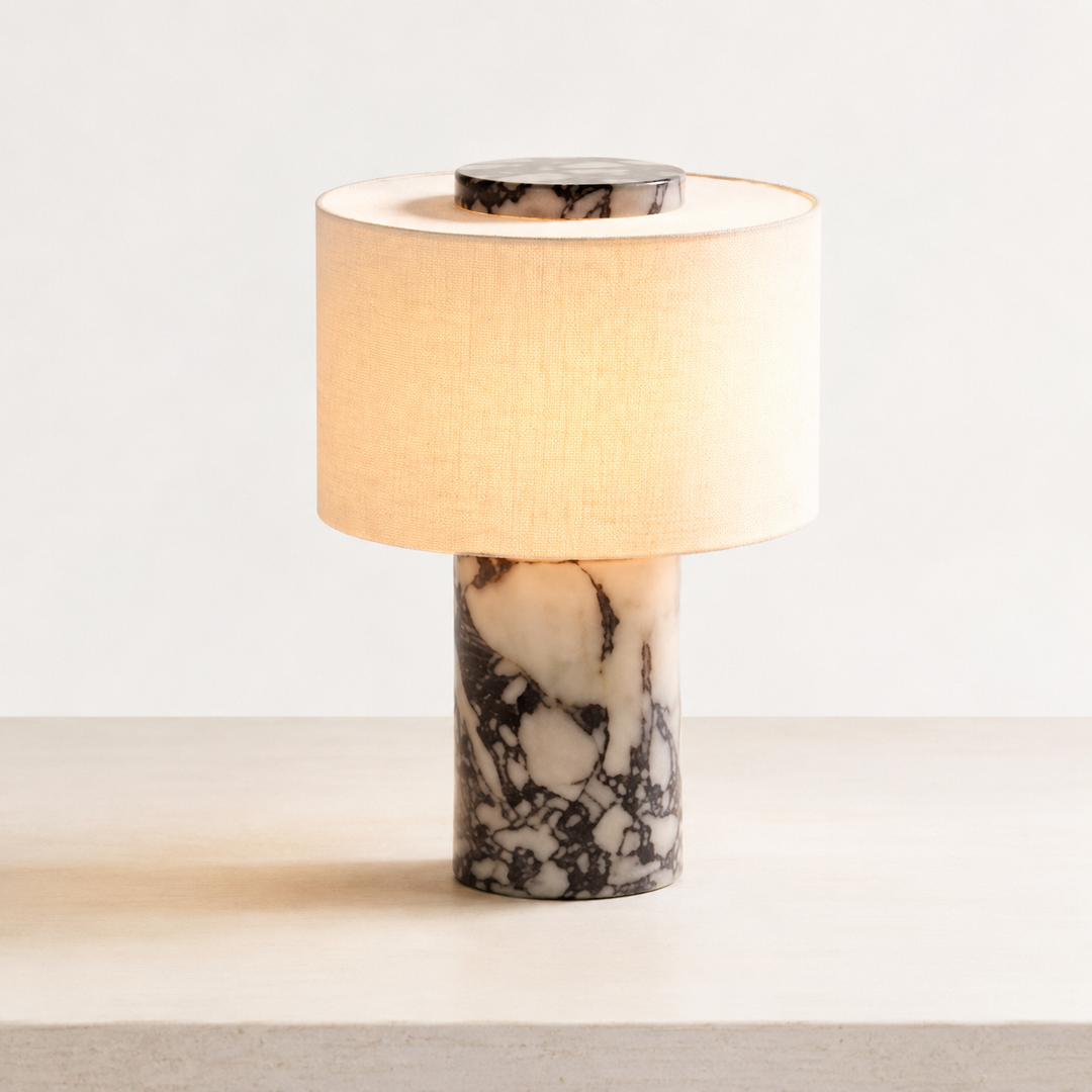 Sculpted natural stone table lamp with fabric drum shade and dimmer Bowlift