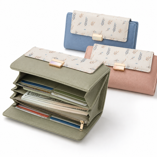 Continental floral print faux leather long wallet with organized card and coin compartments Bowlift