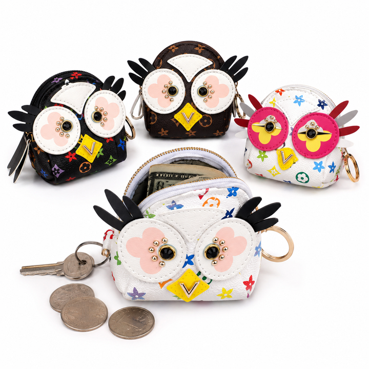 Whimsical owl shaped faux leather coin pouch keychain accessory Bowlift