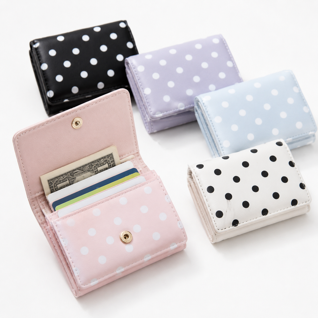 Compact polka dot trifold wallet with RFID protection multiple card and coin compartments Bowlift