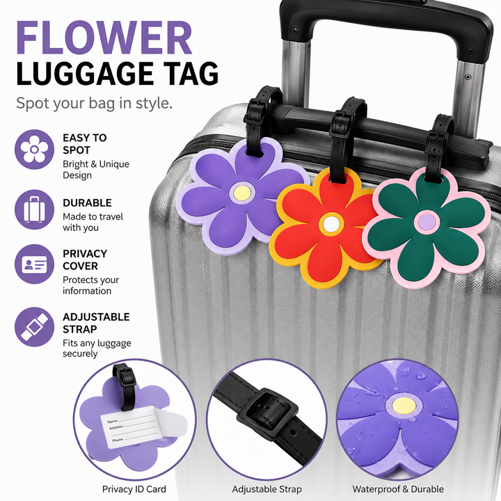 Floral silicone luggage tag with adjustable strap and embossed ID panel Bowlift