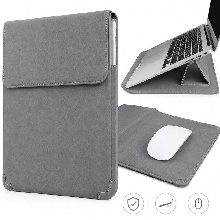Padded laptop sleeve with integrated foldable stand and mouse pad Bowlift