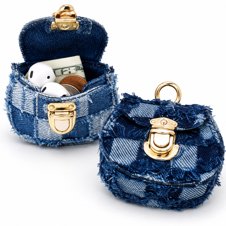 Distressed denim micro crossbody mini purse with gold turn-lock top handle Bowlift