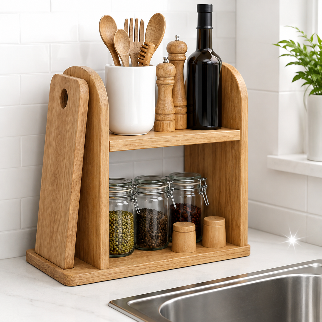 Bamboo double-tier countertop organizer with integrated paper towel holder and spice jar shelf Bowlift