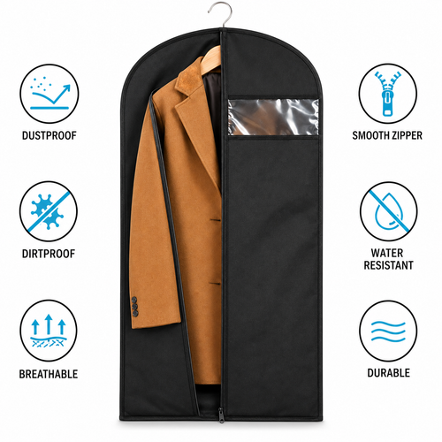 Long Travel Garment Bag for Suits and Coats with Clear Viewing Window and Full-Length Zipper Bowlift