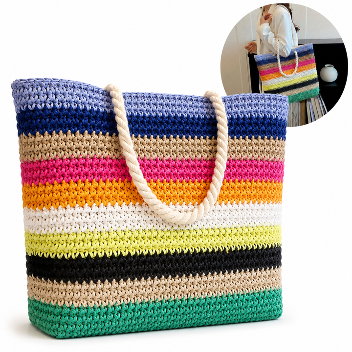 Striped Crochet Beach Tote with Rope Handles and Lined Interior Bowlift
