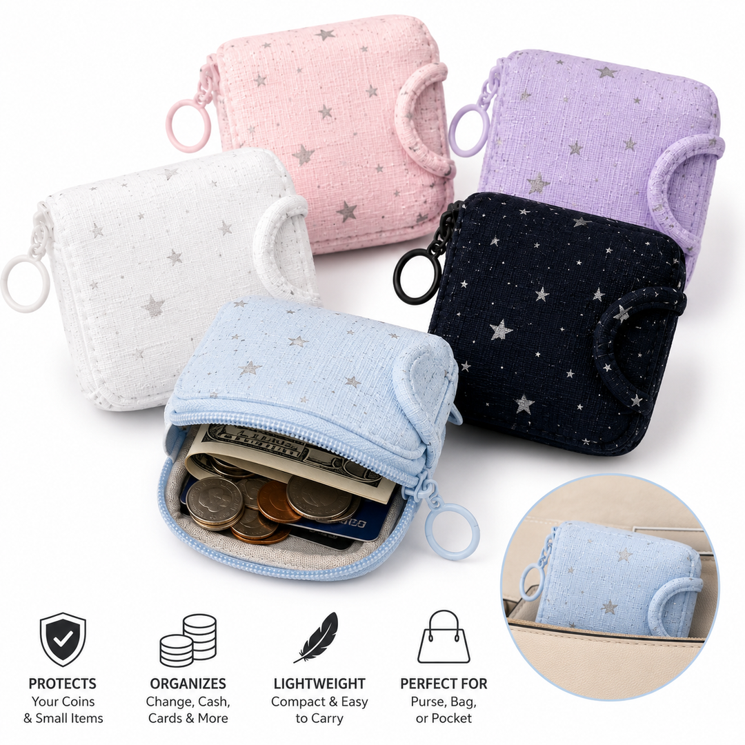 Compact Star-Print Card and Coin Wallet with Snap and Keyring Bowlift