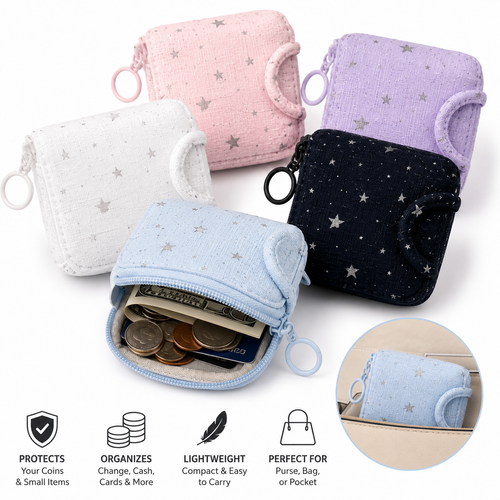 Compact Star-Print Card and Coin Wallet with Snap and Keyring Bowlift